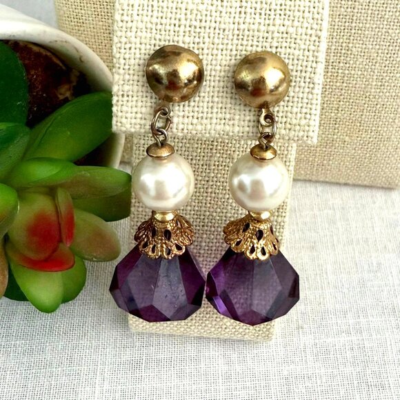 Gold Purple Drop Post Earrings Faux Pearl Faux Faceted Crystal Fashion Jewelry - Picture 1 of 5